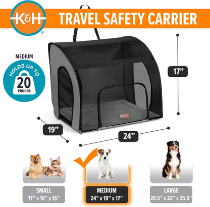 Travel Safety Carrier for Pets, Dog Crate for Car Travel, Dog Soft-Sided Carrier for Medium Dogs, Portable Car Seat Kennel, Gray/Black Medium 24 X 19 X 17 Inches
