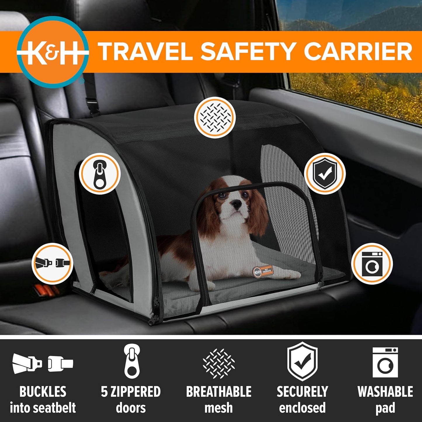 Travel Safety Carrier for Pets, Dog Crate for Car Travel, Dog Soft-Sided Carrier for Medium Dogs, Portable Car Seat Kennel, Gray/Black Medium 24 X 19 X 17 Inches